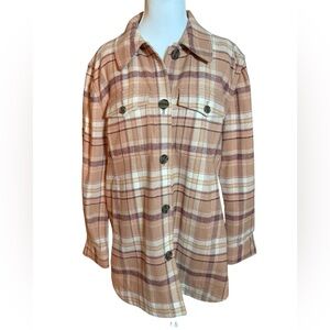 LOFT Plaid Utility Shacket in Pink, Wine, Tan and Cream. Oversized